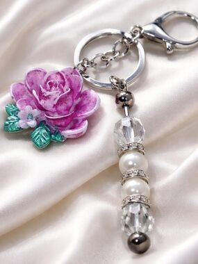 Handcrafted Floral Pink Resin Flower Keychain with Pearl & Crystal Beads
